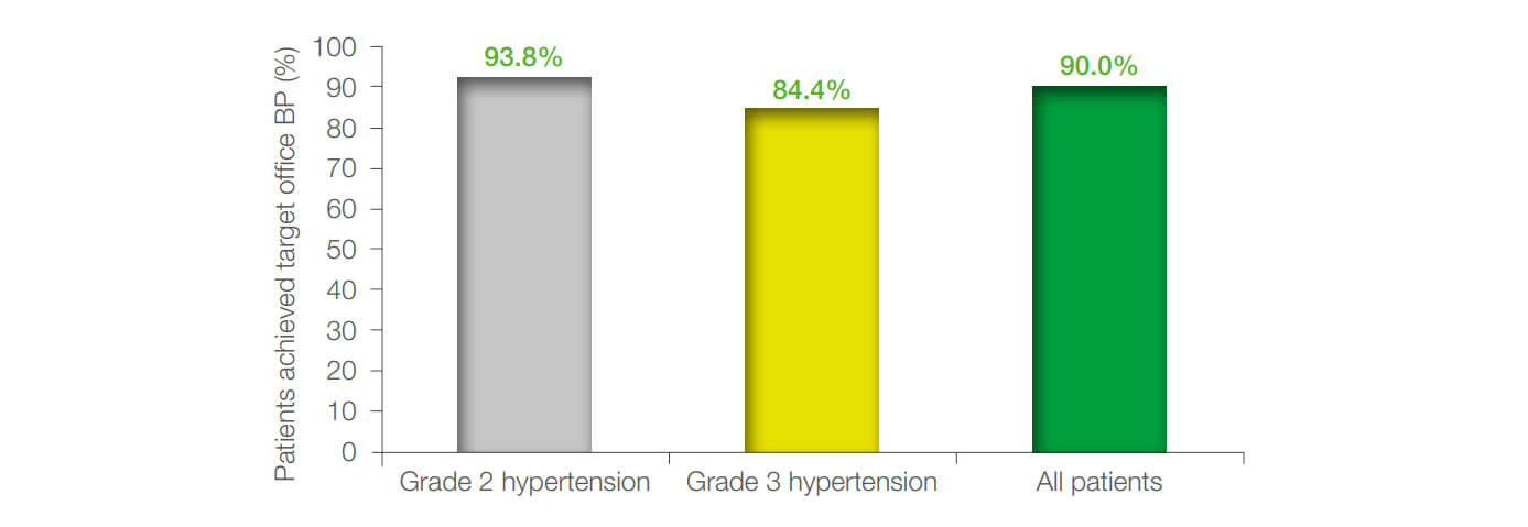 Figure 3: Achievement of the target office BP (BP < 140 mmHg, DBP < 90 mmHg, in the patients with diabetes  < 85 mmHg) in all the patients.