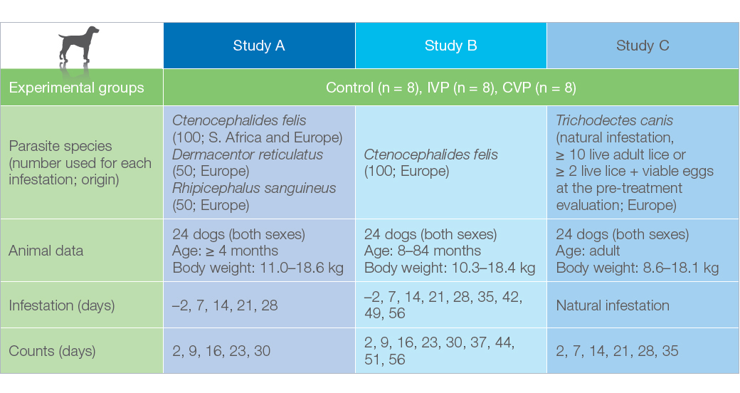 Table 2. Design of studies to confirm the efficacy of Krka's fipronil formulation against fleas, ticks and lice on dogs (IVP – investigational veterinary product; CVP – comparator veterinary product)