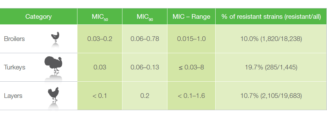 Table 7. <em>In vitro</em> susceptibility of <em>E. coli</em> (in poultry) – systematic review